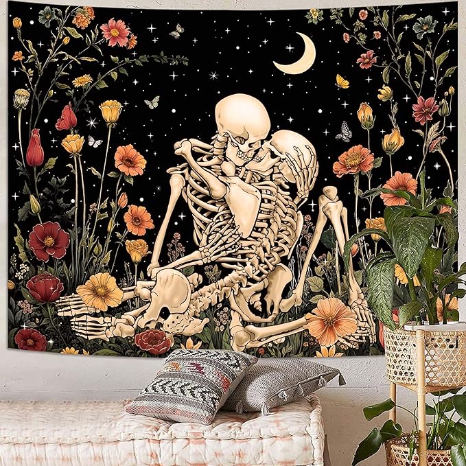 Accnicc Floral Skeleton Lovers Tapestry for Bedroom Gothic Skull Wall Tapestry Aesthetic Vintage Flower Plant Small Tapestries Wall Hanging for Living Room Dorm 60 x 44 Inch