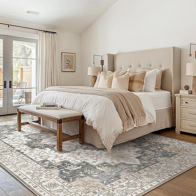 GENIMO 3x5 Area Rugs for Living Room, Machine Washable Rug, Non Slip Indoor Vintage Rug, Low Pile Lightweight Chenille Print Carpet for Bedroom Dining Room Home Office, Heathered Grey