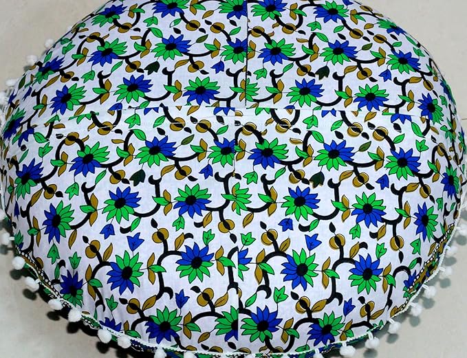 Round Mandala Floor Pillow Cover Seating Cushion Throw Cover Ottoman Pouf Cover Pom Pom Pillow Cases Hippie Decorative Bohemian Boho Indian 22 Inches (Green Blue)