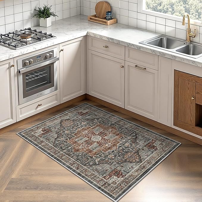 Washable Runner Rug 2x3 Runners for Hallways, Ultra-Thin Carpet Runners for Entryway Anti Slip Backing Runner Rugs for Kitchen Laundry Room Indoor Hallway (Grey/Brown/Tan)