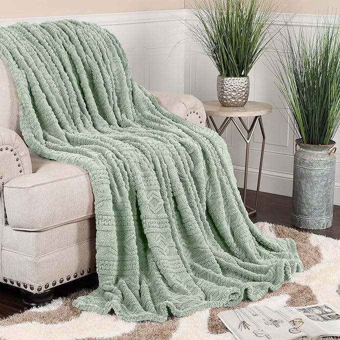 Superior Fleece Boho Jacquard Blanket, Decorative Blankets for Bedroom, Sofa, Fuzzy, Plush, Fluffy, Soft, Cute Room Decor, Beautiful Cover, Comfort Essentials, Arctic Collection, Full/Queen, Sea Foam