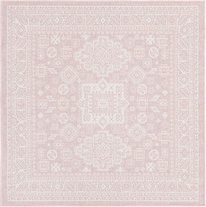 Rugs.com Outdoor Aztec Collection Rug – 5 Ft Square Pink Flatweave Rug Perfect for Living Rooms, Kitchens, Entryways