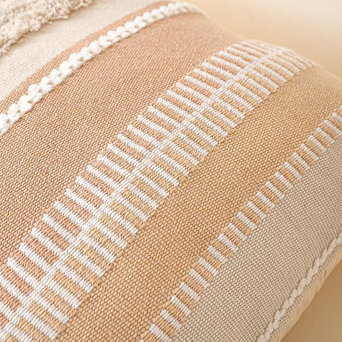 BlissBlush Decorative Lumbar Pillow Cover 12x20, Neutral Cream Boho Accent Pillowcase with Tufted Texture and Tassels, Beige Rectangular Cushion for Sofa Couch Living Room (Cover Only)