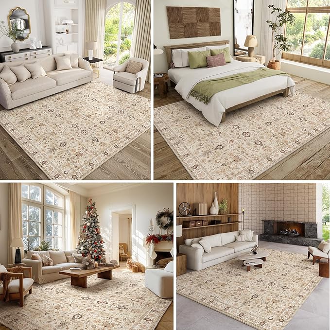 8x10 Washable Area Rugs Ultral Soft Non-Slip Stain Resistant Vintage Boho Large Carpet for High-Traffic Living Room & Dining Room