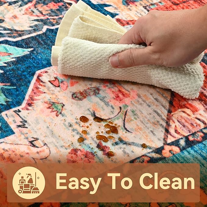 YJ.GWL Area Rugs for Living Room 9x12 Machine Washable Rugs, Non Slip Floral Vintage Rug Indoor Carpet, Stain Resistant Large Rug for Bedroom Dining Room, Red Blue Gradient Color