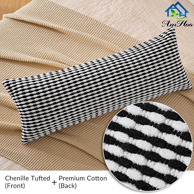 AmHoo Boho Chenille Pillow Cover Decorative Tufted Pillowcase for Couch Bed Sofa Bedroom Living Room Modern 14 x 36-Inch Black