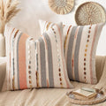 ANRODUO Pack of 2 Boho Decorative Throw Pillow Covers 18x18 Farmhouse Cushion Case Striped Chenille Pillow Cases Square Pillow Covers Accent Neutral Pillowcase for Sofa Couch Bed, Pink Stripe