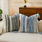 Set of 2 Boho Pillow Covers with Tassels Sky Blue 18x18 Inch Farmhouse Decorative Chenille Tufted Striped Throw Pillow Covers Neutral Accent Square Textured Pillowcase for Couch Bed Livingroom