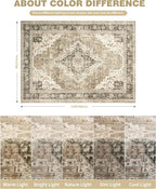 Washable Rugs 9x12, Large Area Rugs 9x12 Living Room with Non-Slip Backing, Super-Soft Floral Vintage Rug, Low Pile Area Rug for Bedroom, Dining Room, Office (Brown/Beige, 9'x12')