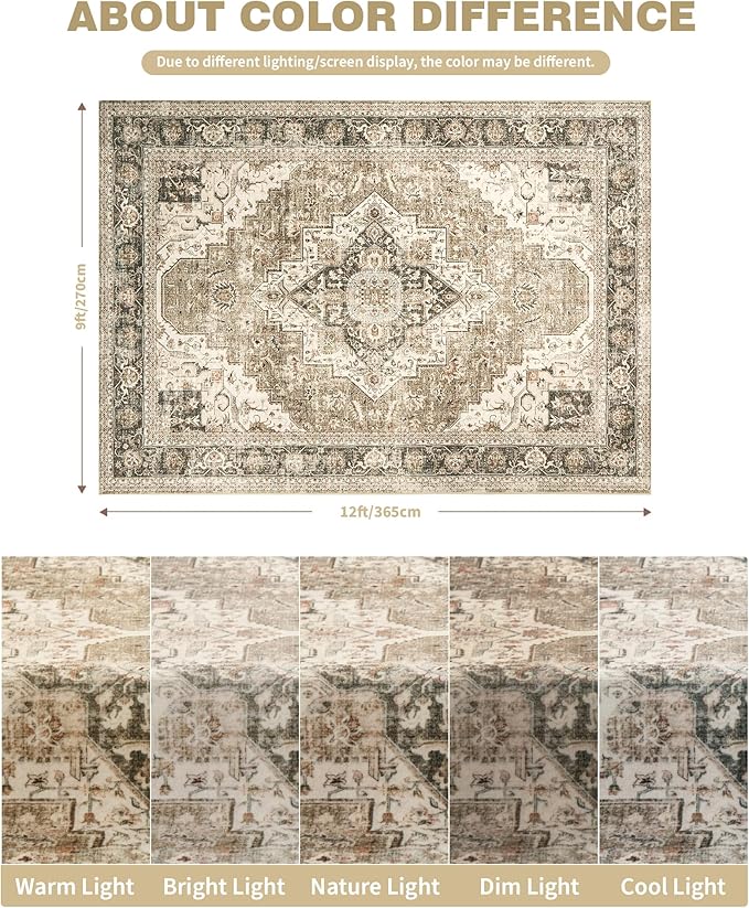 Washable Rugs 9x12, Large Area Rugs 9x12 Living Room with Non-Slip Backing, Super-Soft Floral Vintage Rug, Low Pile Area Rug for Bedroom, Dining Room, Office (Brown/Beige, 9'x12')