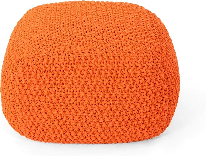 Christopher Knight Home Lucy Knitted Cotton Square Pouf, Orange, Small