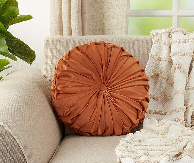 SARO LIFESTYLE Round Velvet Pintucked Poly Filled Throw Pillow