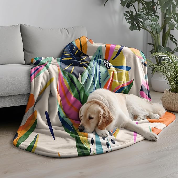Abstract Colorful Throw Blanket, Jungle Floral Plant Bohemian Modern Asthetic Pastel Contemporary Art Blanket for Women Girls for Couch Bed Flannel Blanket Gift, 50" x 60"