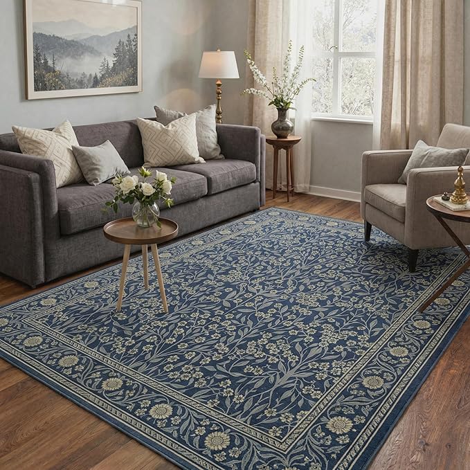 GENIMO Area Rug 2x3 Doormat, Machine Washable Low Pile Rugs, Small Retro Chenille Entryway Mat for Entrance, Hallway, Kitchen and Corridor, Floral Navy