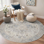 GENIMO 5FT Round Area Rugs for Living Room, Circle Rugs Machine Washable Low Pile, Chenille Non Slip Vintage Rug for Bedroom, Dining Room, Home Office, Khaki Blue