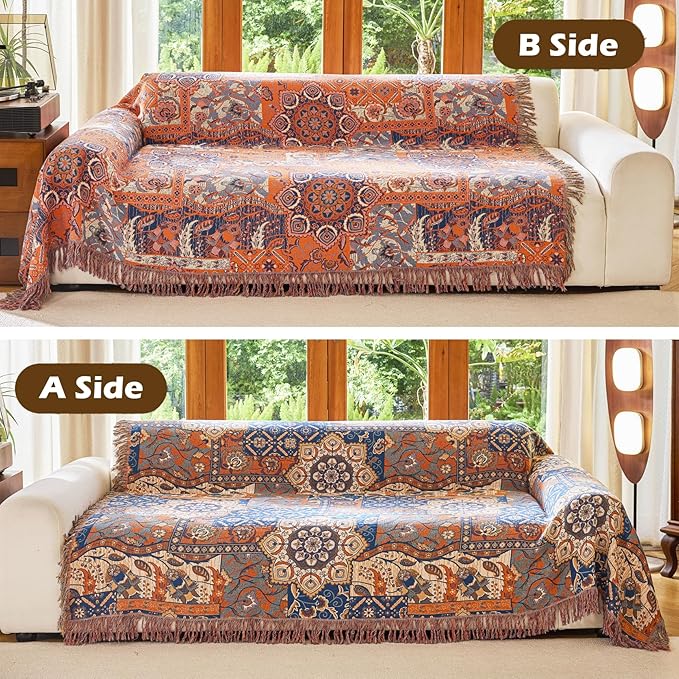 Boho Throw Blanket for Bed Couch 60" x 80", 100% Organic Cotton Skin-Friendly Ultra Soft Quilt Throw - Floral Rustic Living Room Decor Luxury Reversible Blanket for Sofa Chair and Gift