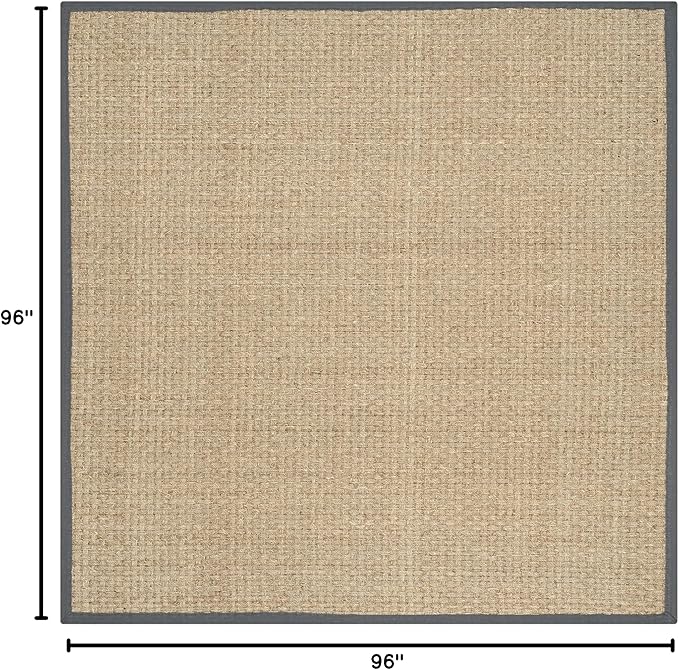 SAFAVIEH Area Rug 8' Square - Natural Fiber Collection - Natural & Dark Grey, Seagrass, Basketweave Pattern with Border (NF114Q)