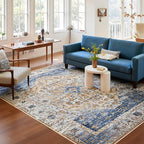 Amearea Vintage Design Area Rugs for Living Room, 4x6 Machine Washable Floral Collection Traditional Bedroom Rug, Low Pile Kids Room Print Carpet, No Slip Office Kitchen Home Decor, Blue and Orange