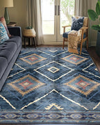 Area Rug 5x7 Rug Machine Washable Non-Slip Low Pile Print Pattern Western Rug for Living Room Bedroom Entryway Tribal Series -Darkblue