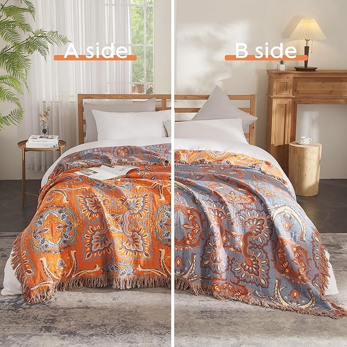 Boho Throw Blanket for Bed 60”x80”, 100% Cotton Woven Blanket for Couch Sofa, Ultra Soft 4-Layer Muslin Quilt with Vintage Floral Printed, Farmhouse Bed Blanket/Cover for Living Room Decor