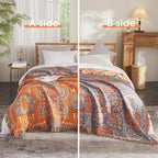 Boho Throw Blanket for Bed 90”x98”, 100% Cotton Woven Blanket for Couch Sofa, Ultra Soft 4-Layer Muslin Quilt with Floral Printed, Farmhouse Bed Blanket/Cover for Living Room Decor