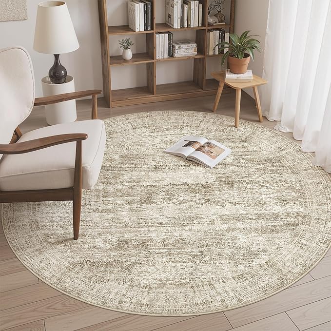 5x5 Brown Round Rug 5ft Living Room Circle Rug Vintage Round Area Rug Non Slip Indoor Carpet for Entryway Dining Room Bedroom