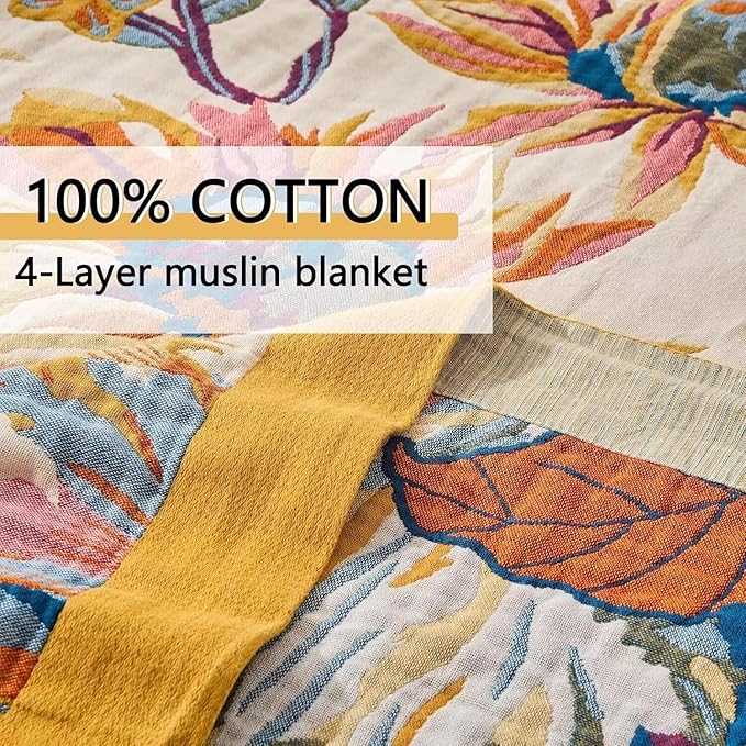 Boho Throw Blanket Farmhouse Decor Throw Blanket Bohemian Blanket for Bed 100% Cotton Muslin Woven Couch Blanket All Seasons Quilt Bedroom (Yellow, 60"x80")