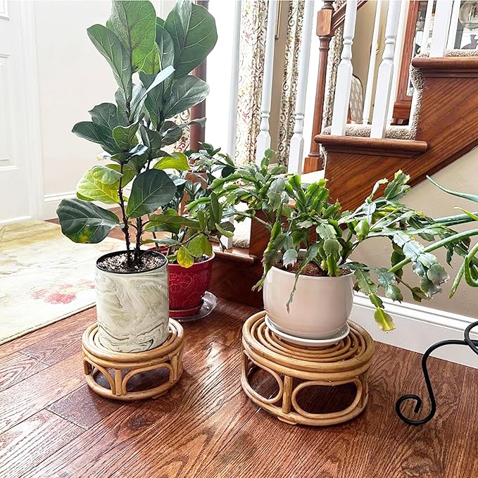 Set of 2 Large Rattan Wicker Round Risers Decorative Indoor Plant Stand, Mid Century Minimalist Modern Plant Stands, Boho Short Plant Stand Holder Suitable Fits 8'' and 12'' Pots