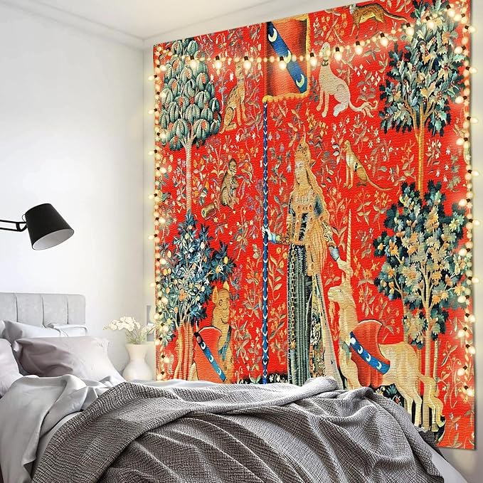 FEASRT European Royal Tapestry Medieval Princess Tapestry, 40x30 Inches Soft Flannelette, Lady and Unicorn for Living Room Bedroom Dorm Decor