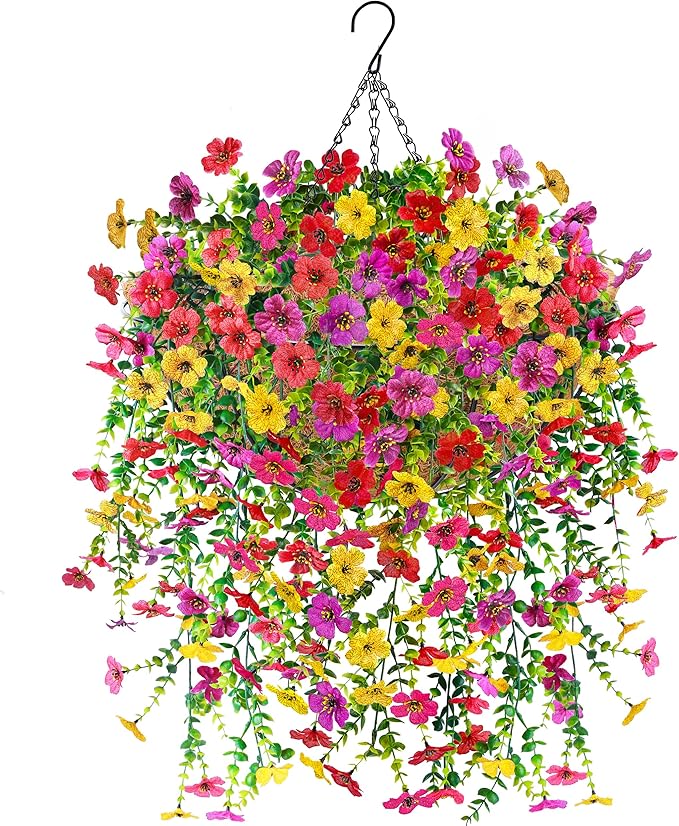 Der Rose Artificial Hanging Flower Basket for Outdoors Fake Hanging Flowers Plants with 4 Faux Silk Trailing Vines for Porch Patio Balcony Spring Decor
