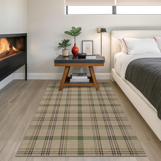 Easy Jute 3x5 Outdoor Rug for Front Porch Layering - Washable Door Mat for Large Entryway, Non Slip Farmhouse Woven Rug for Kitchen Floor, Mudroom - Buffalo Plaid Sage Green Decor