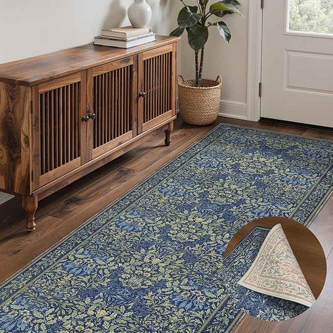 GENIMO Floral Reversible Runner Rug 2’6”x8’, Non-Slip Washable Low-Pile Lightweight Rug for Hallway, Kitchen, Laundry Room, Bedroom, Bathroom, Vintage Boho Indoor Decor, Beige/Navy