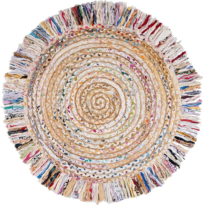 SAFAVIEH Cape Cod Collection Area Rug - 3' Round, Ivory & Light Beige, Handmade Boho Fringe Jute & Cotton, Ideal for High Traffic Areas in Living Room, Bedroom (CAP206B)