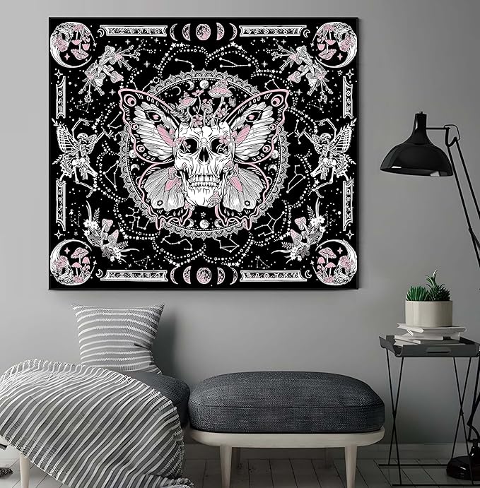 OIOVOIO Skeleton Butterfly Tapestry Skull Mushroom Wall Tapestries Hippie Nature Plants Floral Flower Aesthetic Tapestry Moon Phase Tapestries Wall Hanging for Living Room Dorm (Pink, 59” x 51”)