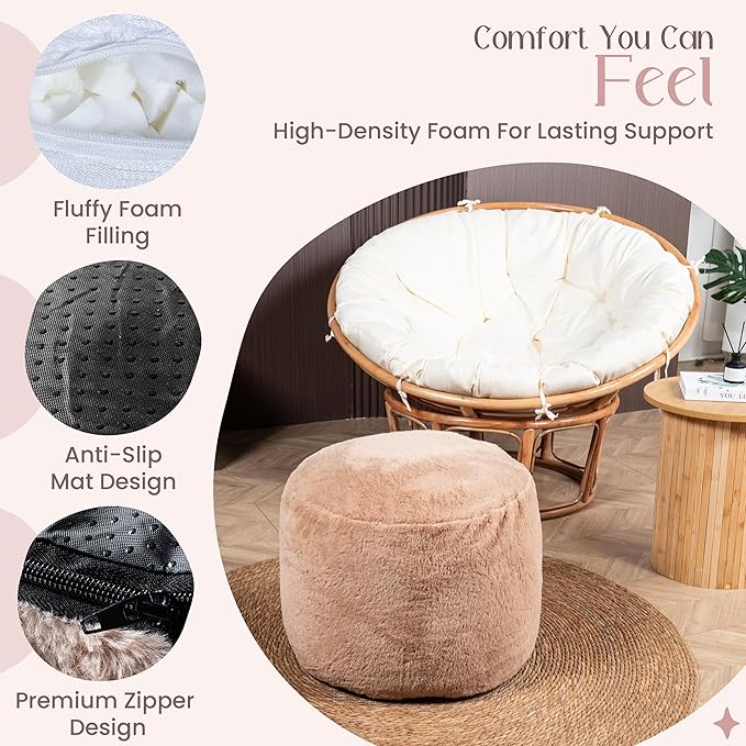 Cozy Plush Brown Pouf | Living Room Ottoman Footrest at 20 x 15 Inches | Soft, Non-Shedding Round Stool Sofa Ottoman with Supportive Foam Filling | Foot Rest for Couch