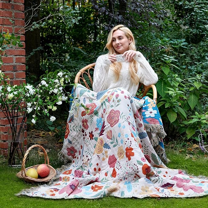 Boho Throw Blanket for Bed Cotton Spring Blankets Twin Size for Bedroom Living Room All Season Lightweight Floral Embroidery Quilt for Couch Sofa Chair 60"x80"