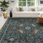 Soft Washable 9x12 Area Rug for Living Room, Bedroom Stain Resistant - Dark Blue Dining Rugs for Under Table, Non-Slip 9 by 12 Low Pile Boho Room Décor for Bedroom, Vintage Bird Floral Design Carpet