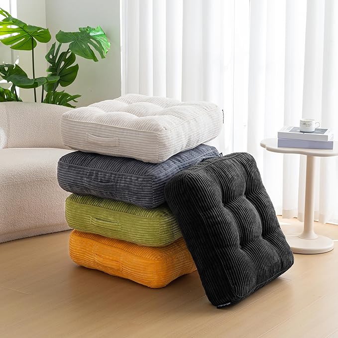 HIGOGOGO 6" Extra Thick Floor Pillow Cushion for Adults, Meditation Cushion Pillow, Large Square Floor Sitting, Tufted Corduroy Cover, for Tatami Living Room or Yoga, 22x22 Inch, 2Pack, Black