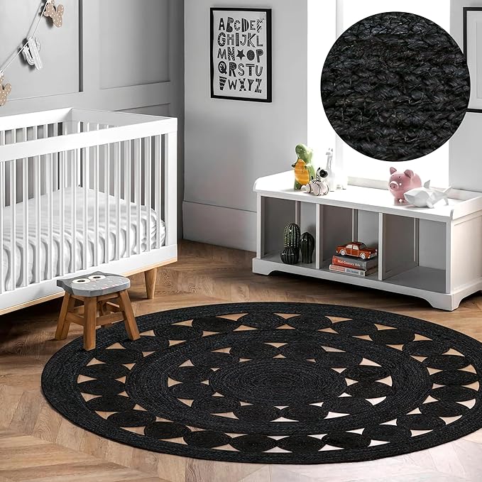 Hand Woven Braided Jute Rug - 5' Round - Black Reversible Farmhouse Rugs for Living Room, Bedroom, Dining Room, Kitchen - Natural Decorative Floor Boho Entry Area Rugs - Jute Round Rug 5ft