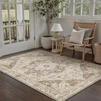 Brown Area Rug 4x6 Vintage Office Washable Distressed Kitchen Carpet Non Slip Soft Indoor Traditional Medallion Retro Accent Throw Rug for Entryway Bedroom Dining Living Room