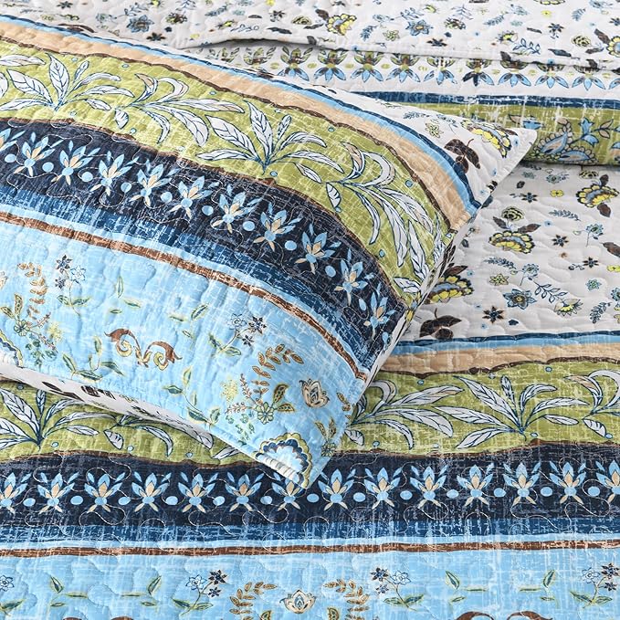 HORIMOTE HOME Boho Style Twin Size Quilt Set Green Bohemian Floral Strip Quilt Beddding Set, Soft and Lightweight Bedspread for All Season,XL Twin Bed Coverlet with 1 Matching Pillow Sham (2 Pieces)