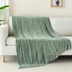 Chenille Throw Blanket for Couch with Tassels,50"X60" Soft Cozy Lightweight Knitted Boho Decorative Blankets for Bed and Sofa,Light Green