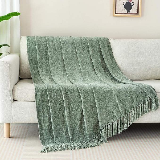 Chenille Throw Blanket for Couch with Tassels,50"X60" Soft Cozy Lightweight Knitted Boho Decorative Blankets for Bed and Sofa,Light Green
