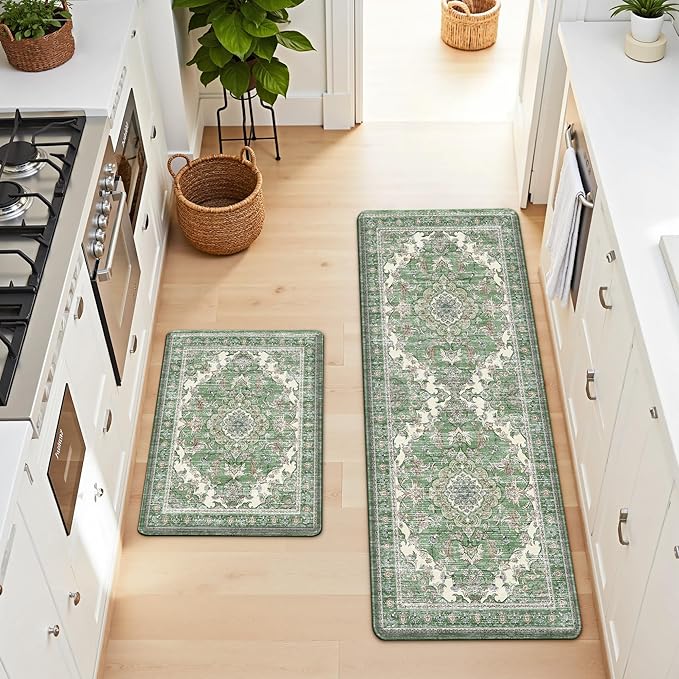 Boho Kitchen Mats for Floor 2 Piece Set Anti Fatigue Cushioned PVC Kitchen Rugs Non Slip Waterproof Farmhouse Mats 2/5 Inch Comfort Standing Mat for Sink, Laundry, 17.3"x59"+17.3"x28", Spring Green