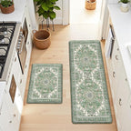 Boho Kitchen Mats for Floor 2 Piece Set Anti Fatigue Cushioned PVC Kitchen Rugs Non Slip Waterproof Farmhouse Mats 2/5 Inch Comfort Standing Mat for Sink, Laundry, 17.3"x59"+17.3"x28", Spring Green