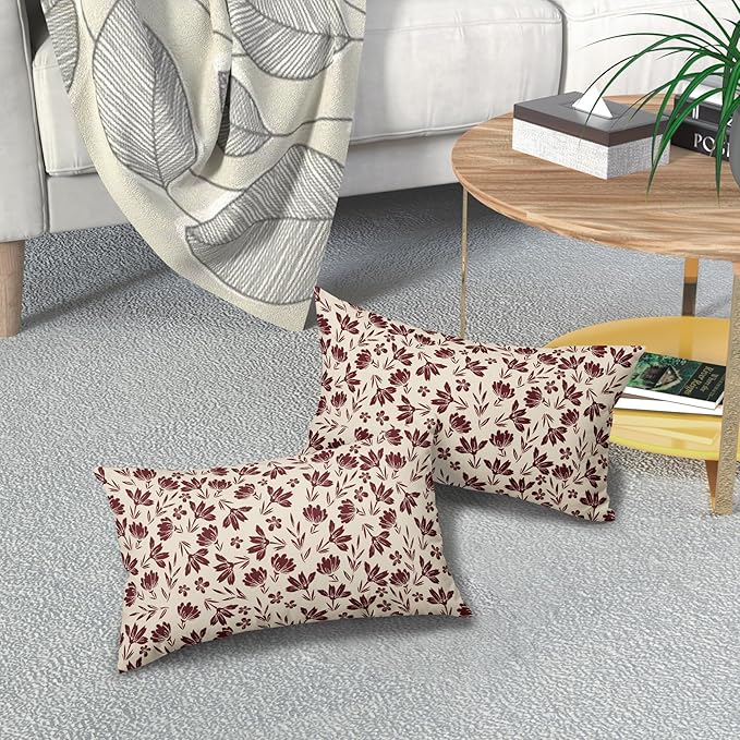 Burgundy Floral Pillow Covers 12x20 Set of 2 Vintage Rustic Old Style Cute Small Flower Cream Print Rectangle Decorative Outdoor Pillowcases Farmhouse Throw Cushion Case Couch Sofa Bed Decor