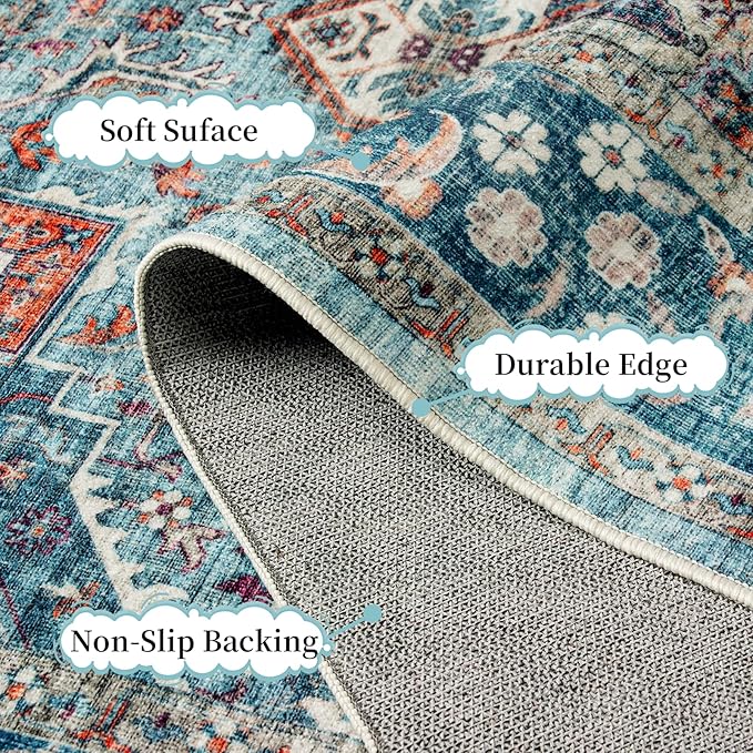 Amearea Vintage Design Blue Area Rugs for Living Room, 4x6 Machine Washable Floral Collection Traditional Bedroom Rug, Low Pile Dinning Room Carpet, No Slip Office Kitchen Home Decor, Light Blue