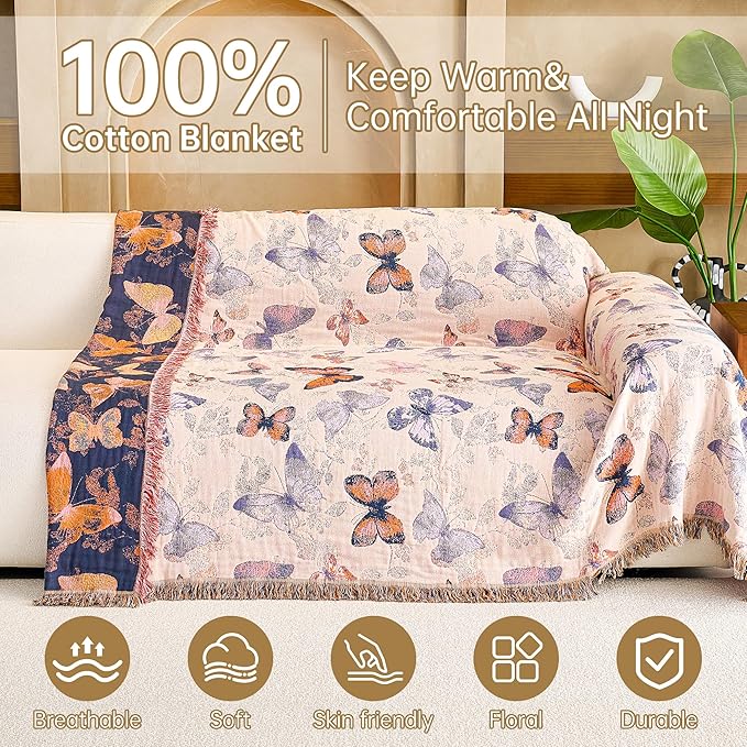 Boho Throw Blanket, 100% Organic Cotton Breathable Ultra Soft 50" x 60" Bed Quilt Throw - All Season Floral Rustic Farmhouse Decor Luxury Reversible Blanket for Sofa Couch Chair and Gift