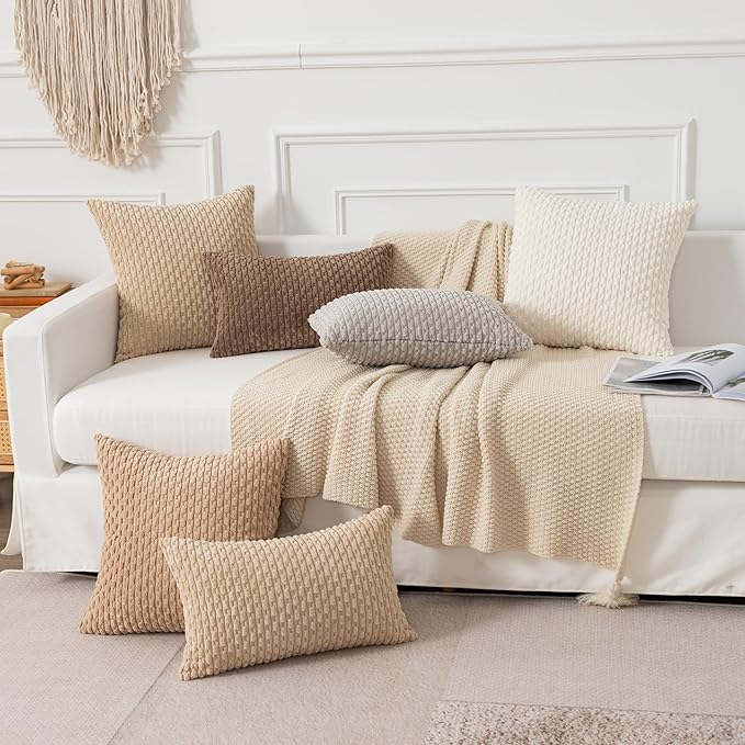 Kevin Textile 12x20 Inch Pillow Cover 1 Pack Boho Decorative Soft Striped Corduroy Lumbar Farmhouse Solid Color Accent Rectangle Cushion Case for Living Room Couch Sofa Bed, Beige