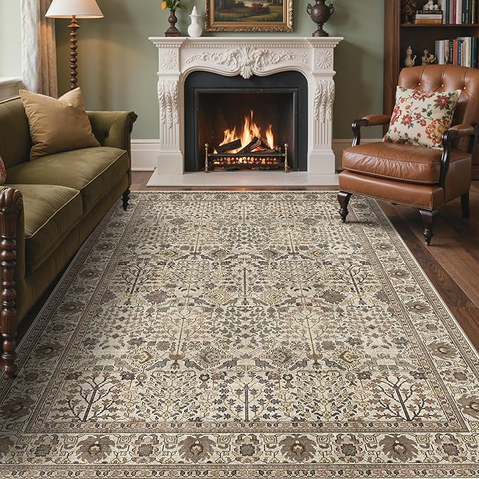 Bavni Washable Rugs 6x9-Machine Washable Rug Lightweight Low Pile, Vintage Floral Rug Non-Shedding Distressed Throw Carpet for Living Room Bedroom Office, Dark Espresso